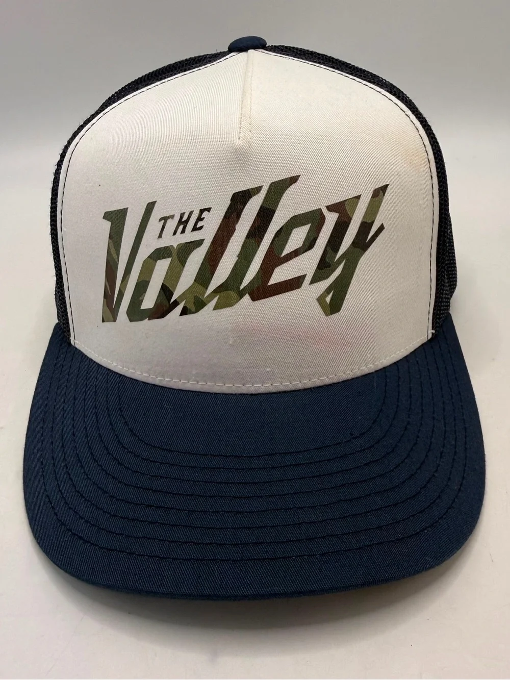 The Valley Camo Logo Trucker Hat Snapback Navy White Mesh Cap Adjustable